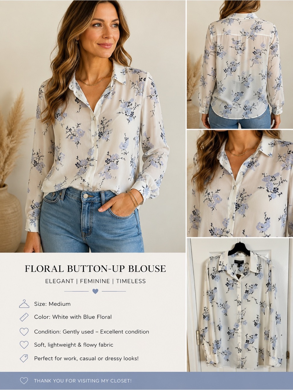 Banana Republic Floral Blouse - White and Blue
